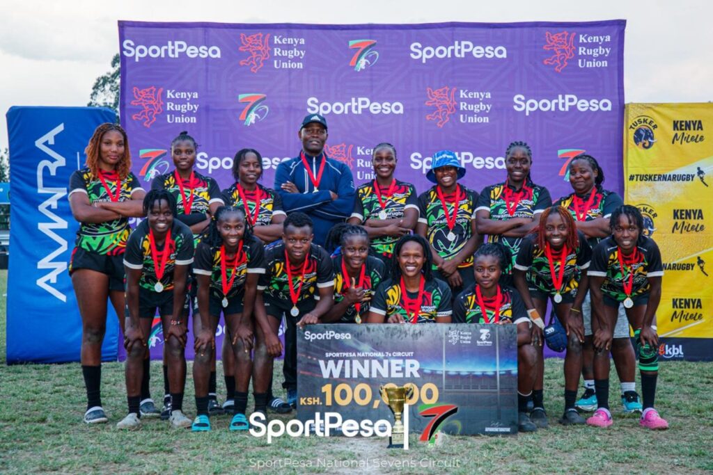 Mwamba Ladies celebrate after defeating Kiambaa Ladies to win the Women's Division One title at the 2026 Prinsloo 7s.