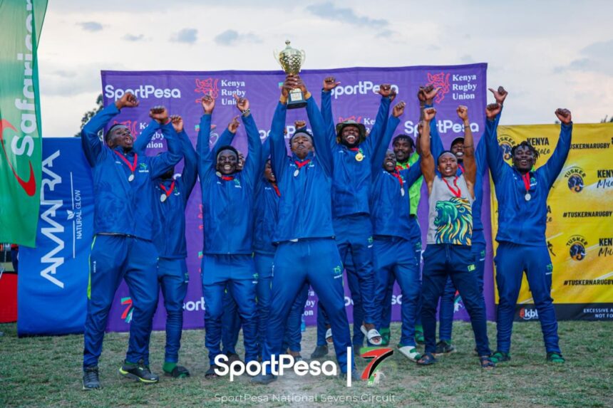 KCB Rugby players celebrate winning the Prinsloo 7s title